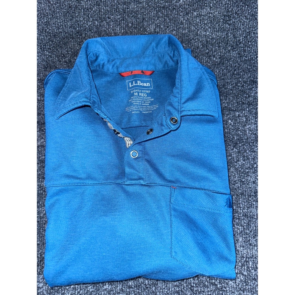 LL Bean Mens Blue Performance Polo Shirt Short Sleeve Snap Placket Medium Reg - Picture 5 of 6